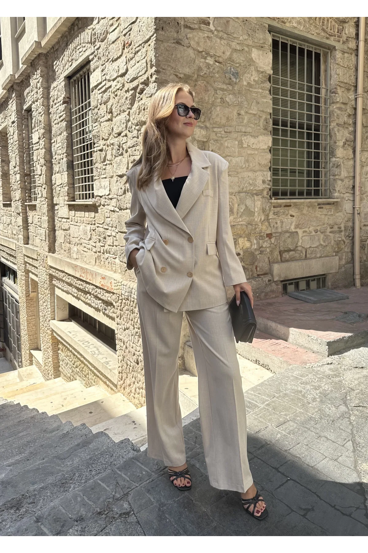 Krem Oversize Kruvaze Ceket Tam Kalıp Palazzo Pantolon Viskon Premium İkili Takım
