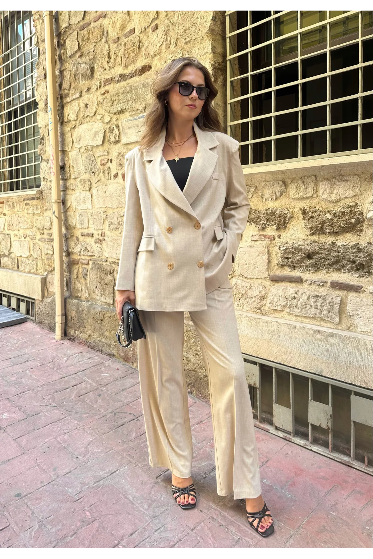 Krem Oversize Kruvaze Ceket Tam Kalıp Palazzo Pantolon Viskon Premium İkili Takım