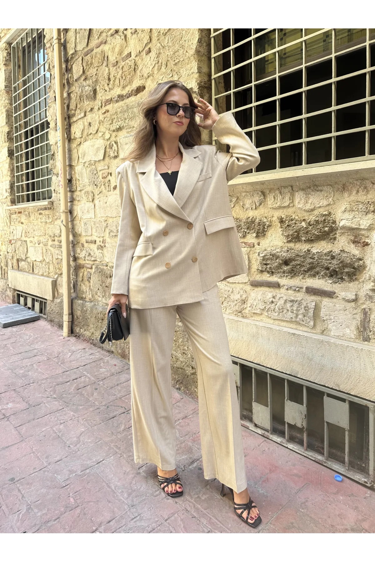 Krem Oversize Kruvaze Ceket Tam Kalıp Palazzo Pantolon Viskon Premium İkili Takım