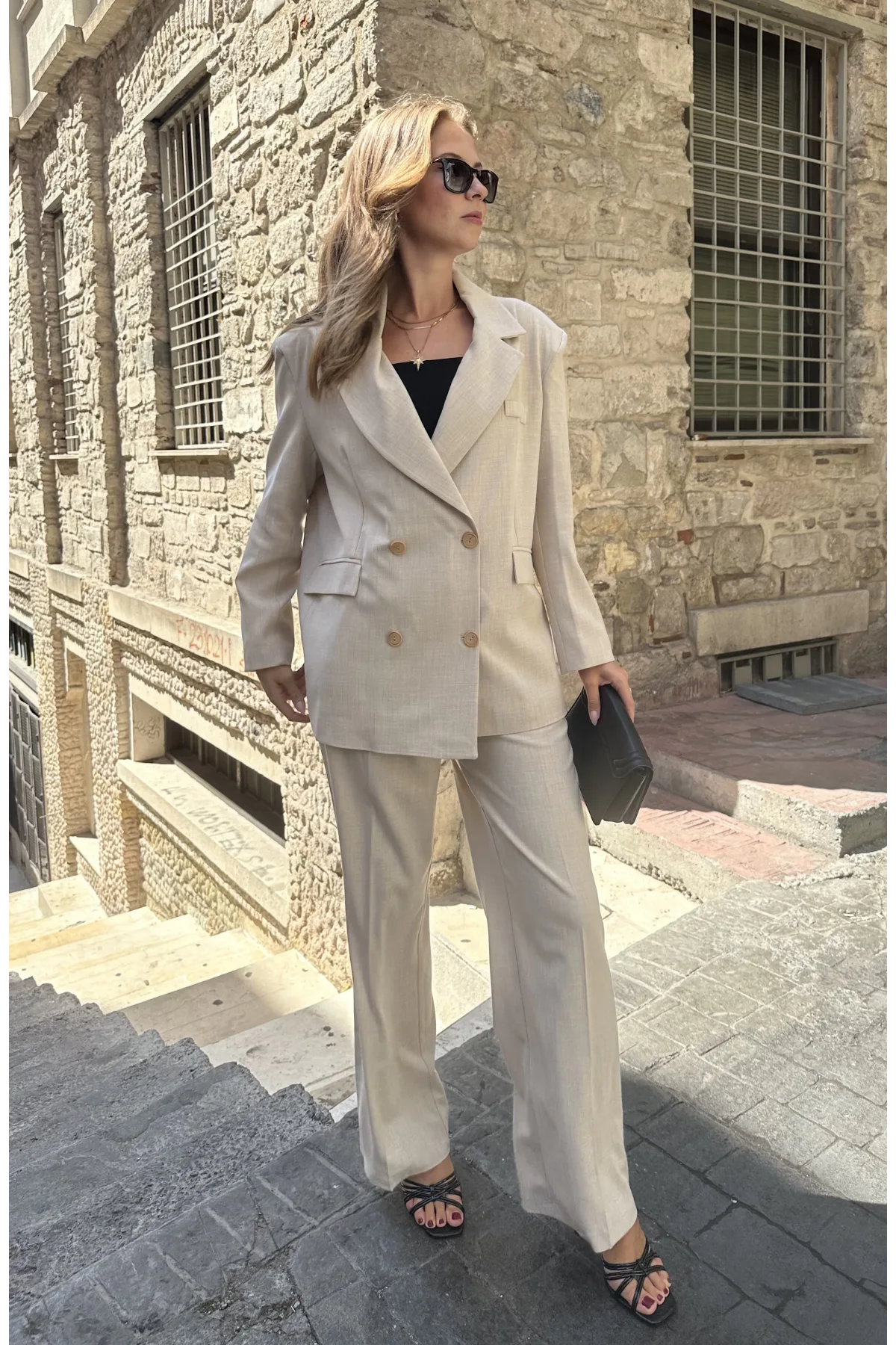 Krem Oversize Kruvaze Ceket Tam Kalıp Palazzo Pantolon Viskon Premium İkili Takım