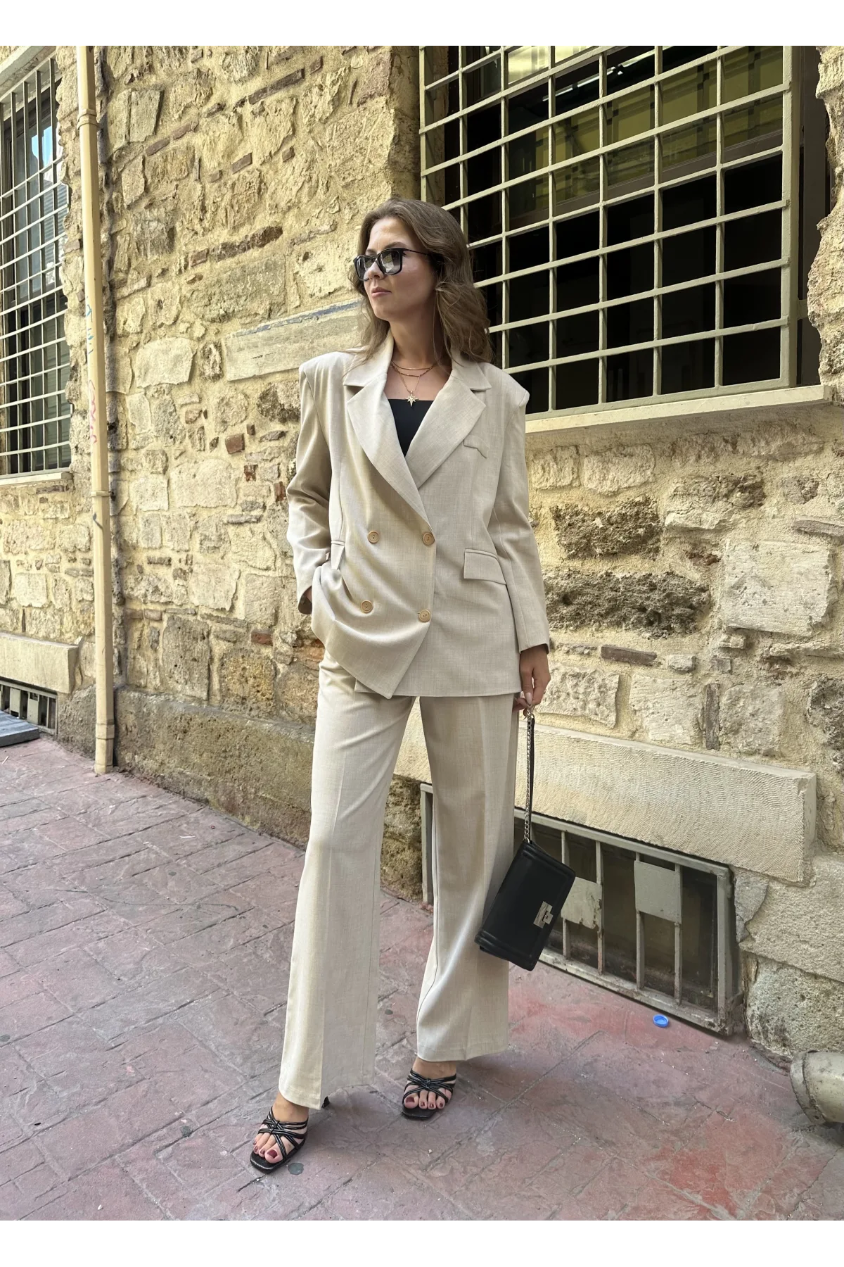 Krem Oversize Kruvaze Ceket Tam Kalıp Palazzo Pantolon Viskon Premium İkili Takım