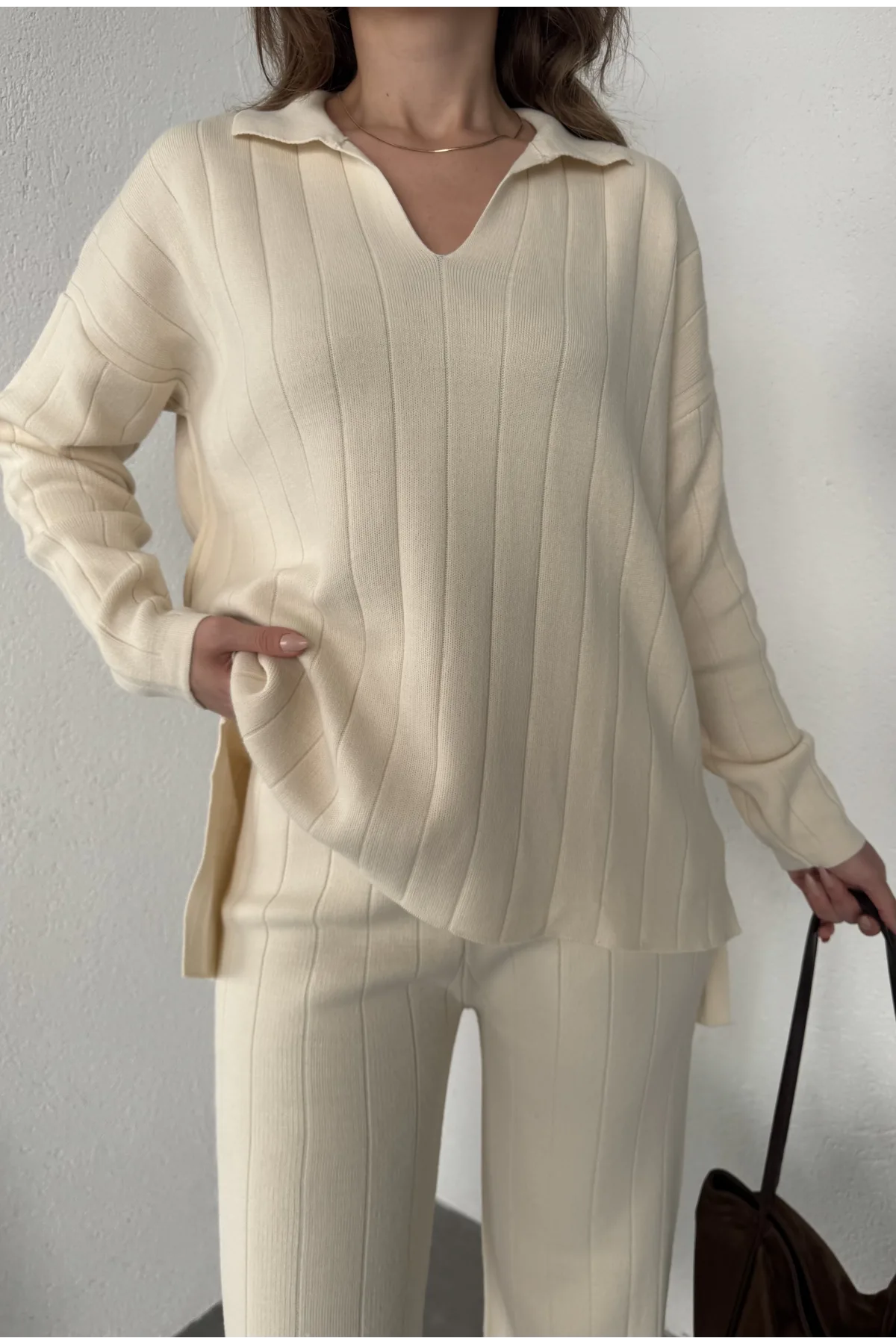 Krem Polo Yakalı Kazak İspanyol Paça Triko Pantolon İkili Takım