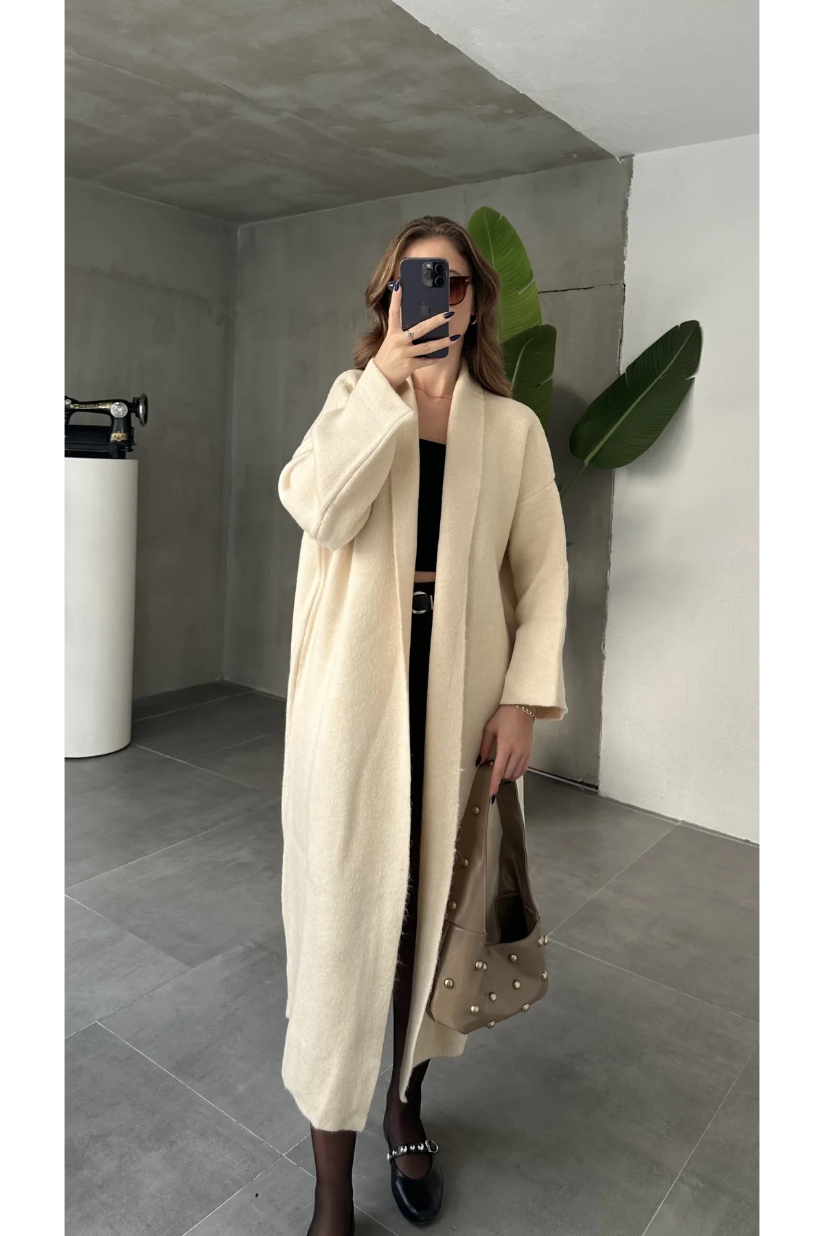 Krem Şal Yaka Tam Boy Uzun Salaş Oversize Triko Hırka