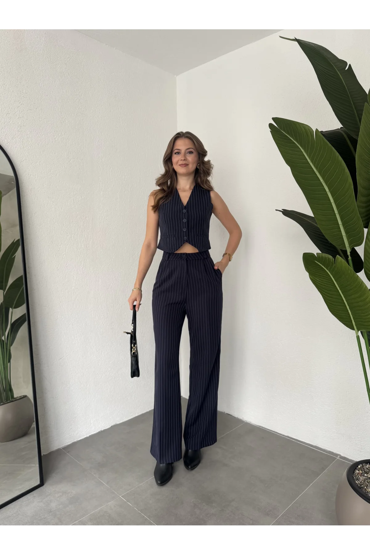 Lacivert Çizgili Düğmeli Yelek Pileli Palazzo Pantolon İkili Takım