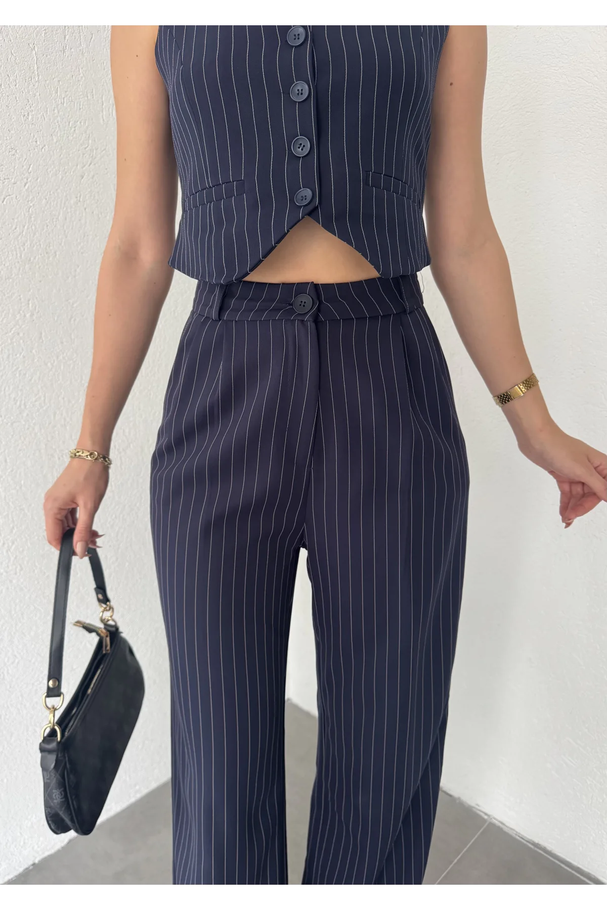 Lacivert Çizgili Düğmeli Yelek Pileli Palazzo Pantolon İkili Takım