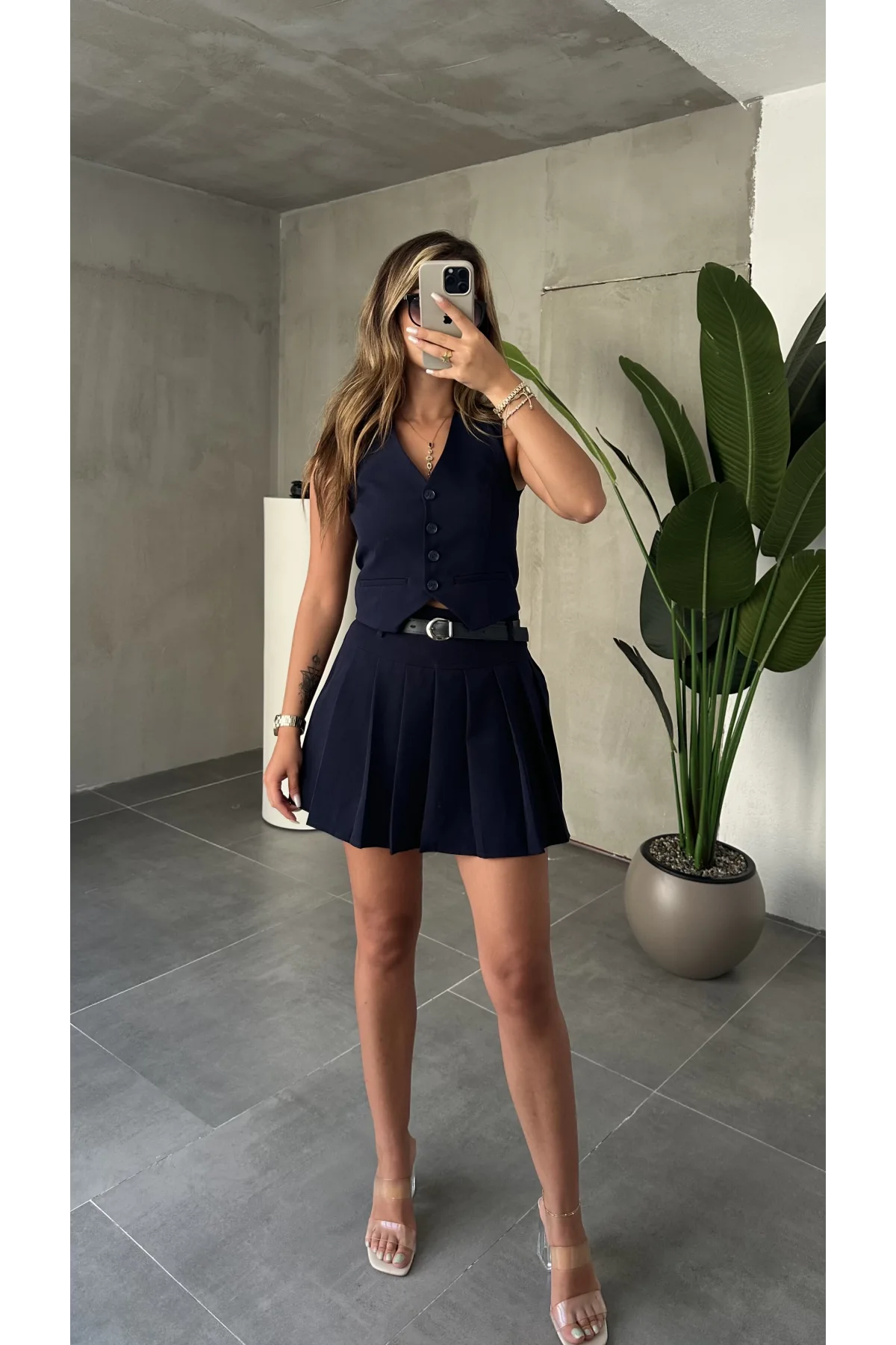 Lacivert Düğmeli Kolsuz Yelek&Astarlı Mini Şort Etek Alt Üst Takım