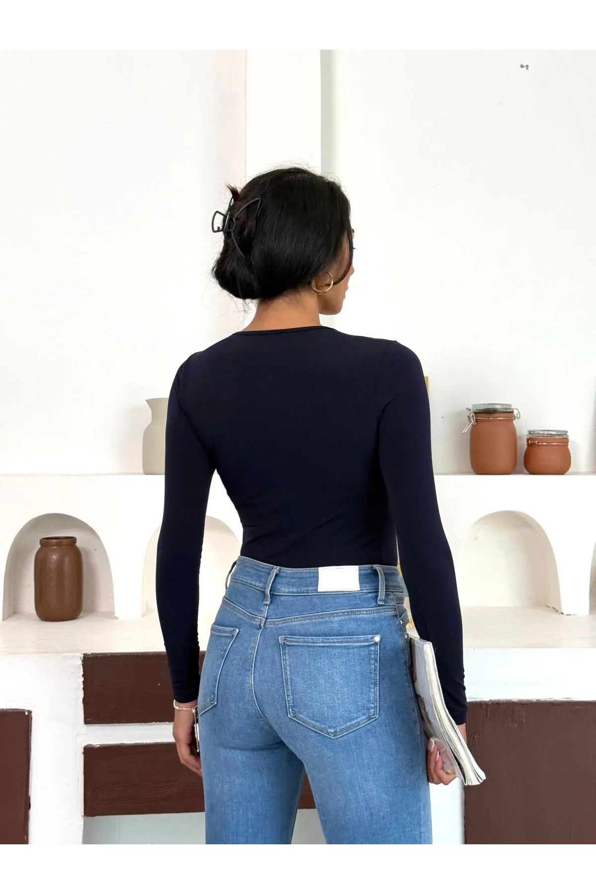 Lacivert Gold Aksesuarlı Göğüs Dekolteli Uzun Kollu Candy Body Bluz