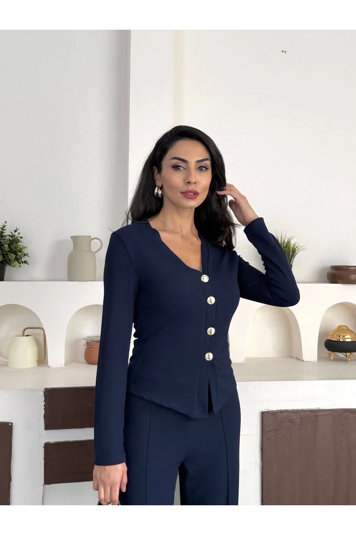 Lacivert Gold Düğme Detaylı V Yaka Hırka İspanyol Paça Çimalı Viral Günlük Takım