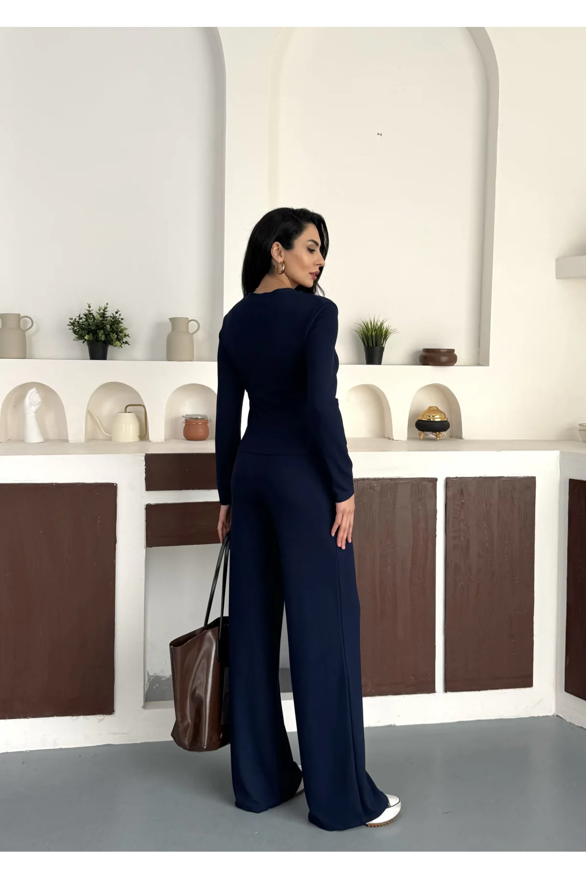 Lacivert Gold Düğme Detaylı V Yaka Hırka İspanyol Paça Çimalı Viral Günlük Takım