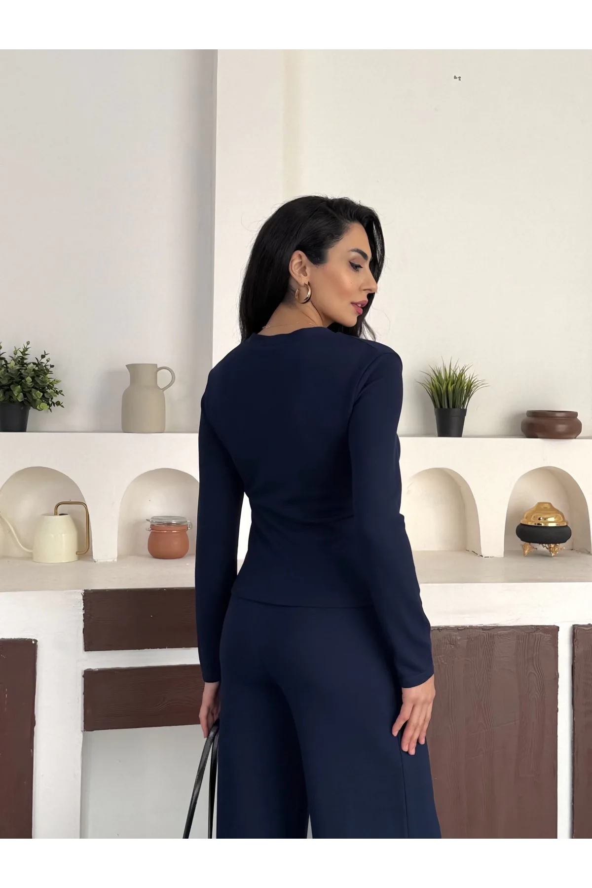 Lacivert Gold Düğme Detaylı V Yaka Hırka İspanyol Paça Çimalı Viral Günlük Takım