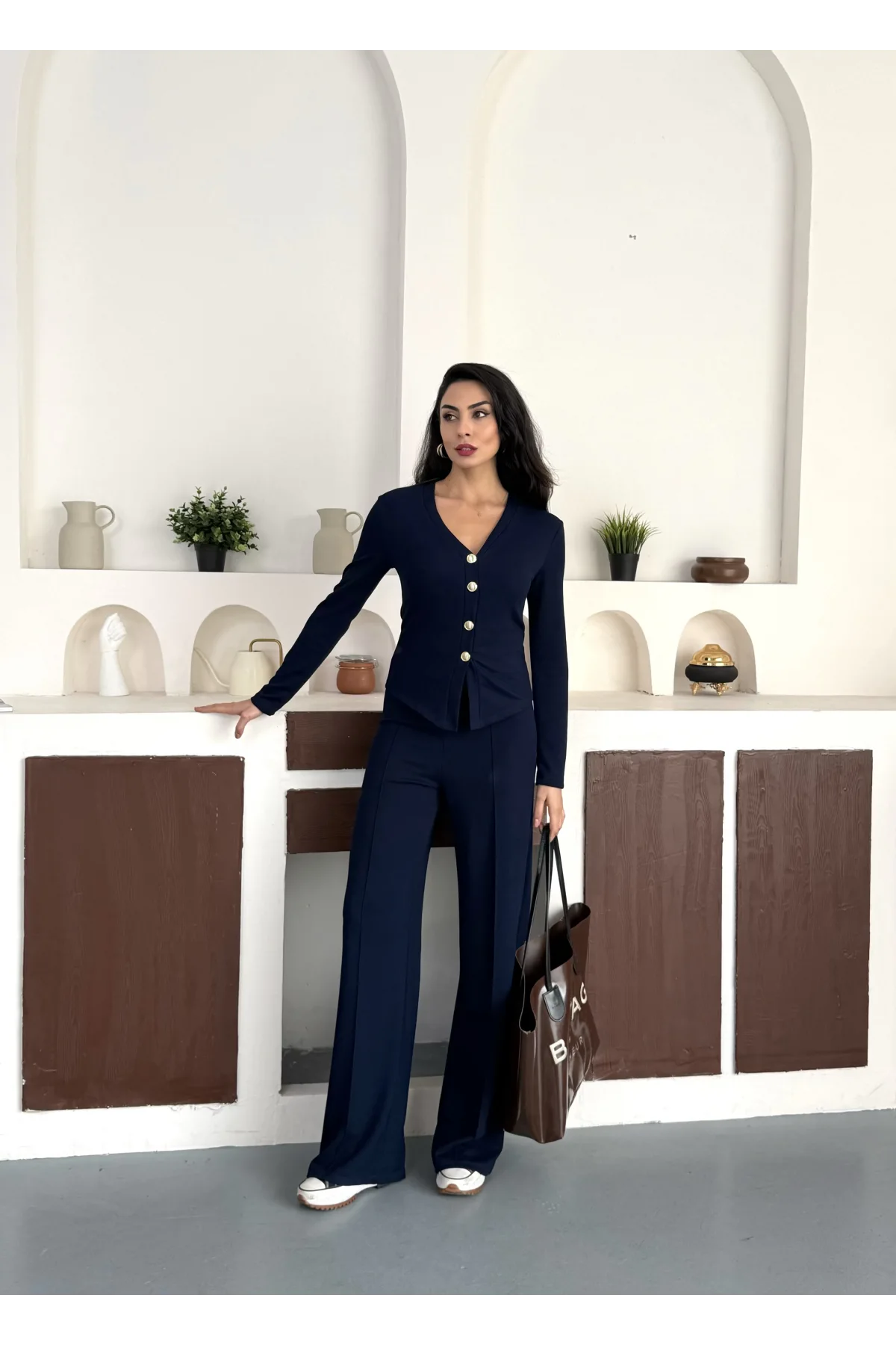 Lacivert Gold Düğme Detaylı V Yaka Hırka İspanyol Paça Çimalı Viral Günlük Takım