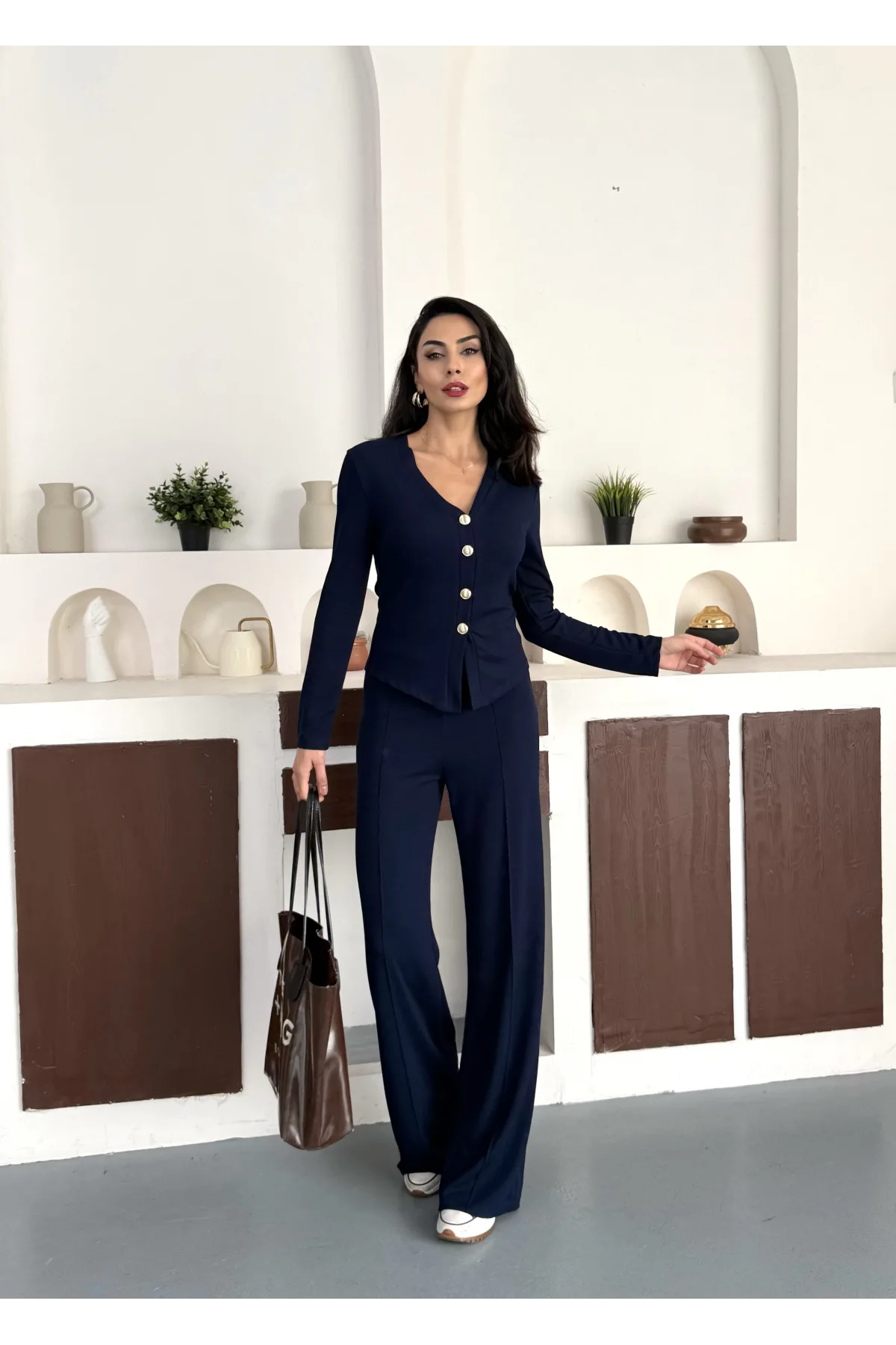 Lacivert Gold Düğme Detaylı V Yaka Hırka İspanyol Paça Çimalı Viral Günlük Takım