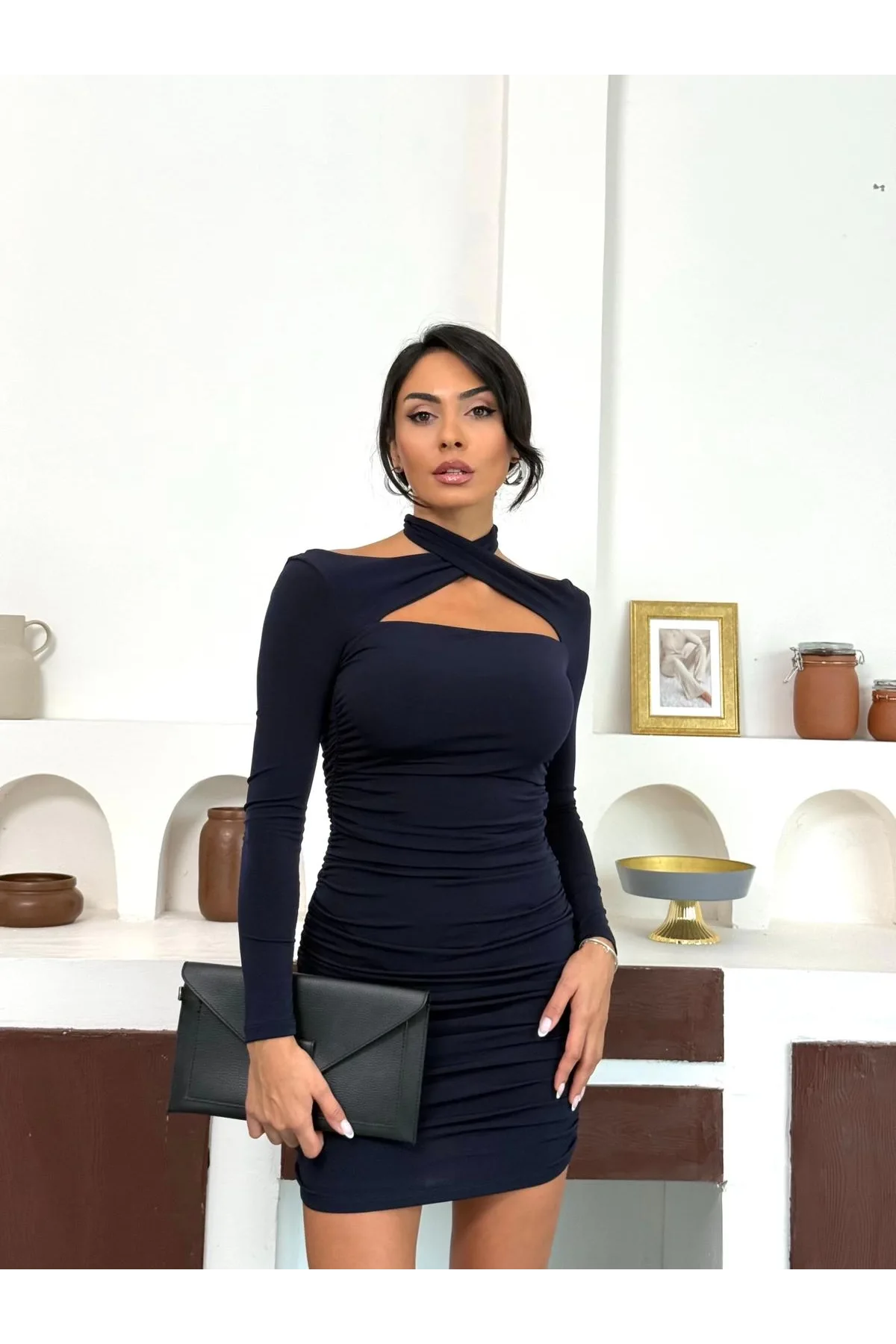 Lacivert Pencere Detaylı Boyun Geçirmeli Büzgülü Sırt Dekolteli Uzun Kollu Mini Candy Elbise