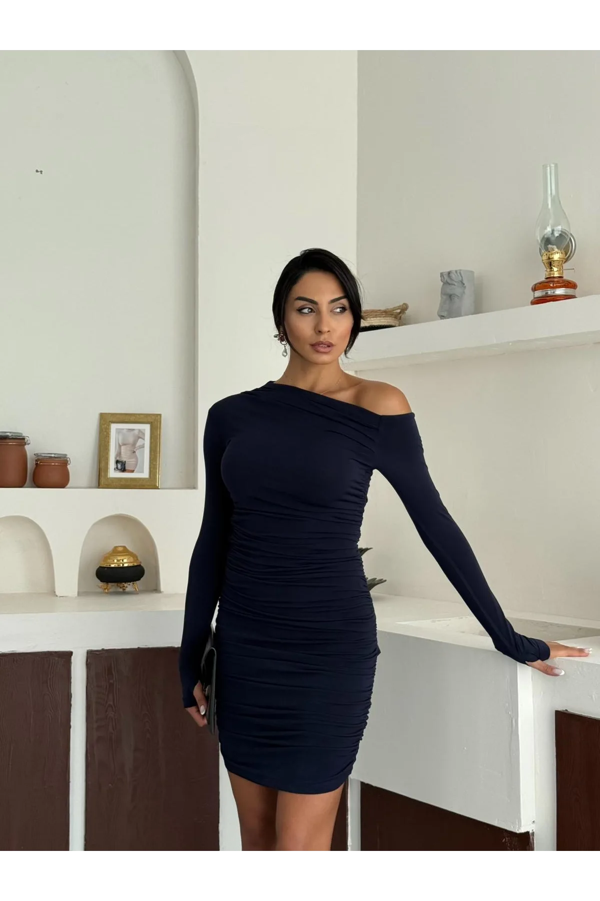 Lacivert Tek Omuz Kayık Yaka Büzgülü Parmak Geçirmeli Mini Boy Candy Elbise