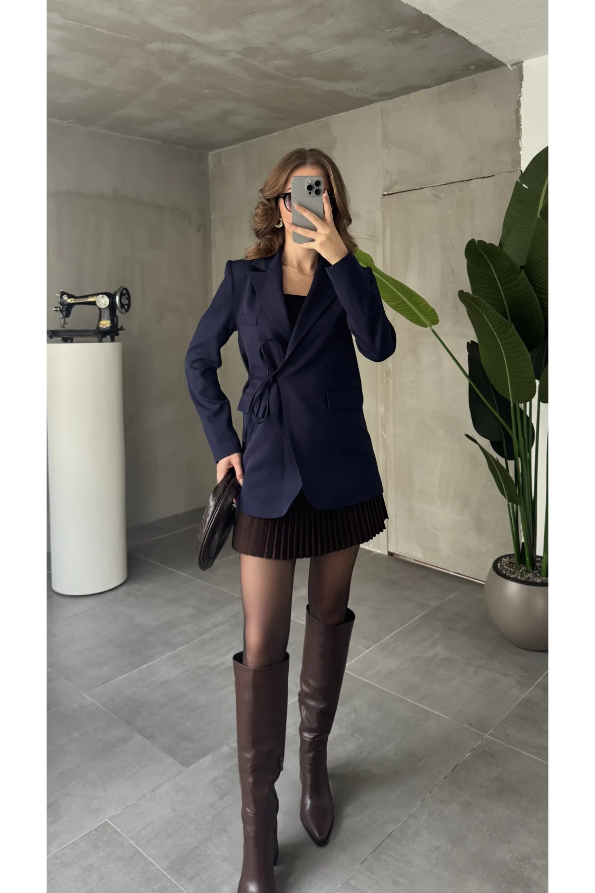 Lacivert Yandan Bağlamalı Astarlı Günlük Ceket