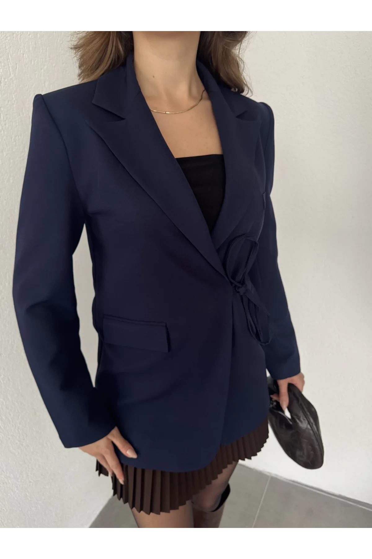 Lacivert Yandan Bağlamalı Astarlı Günlük Ceket