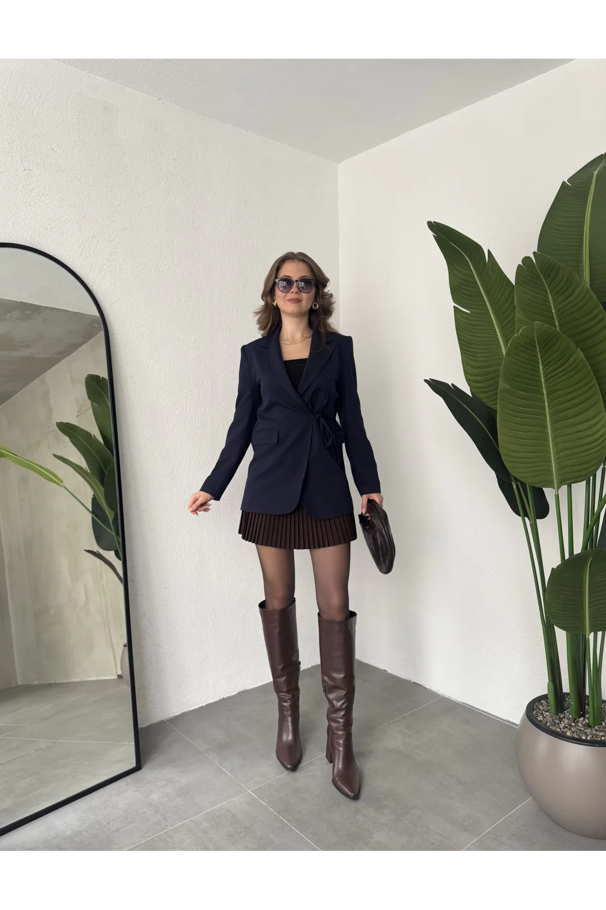 Lacivert Yandan Bağlamalı Astarlı Günlük Ceket