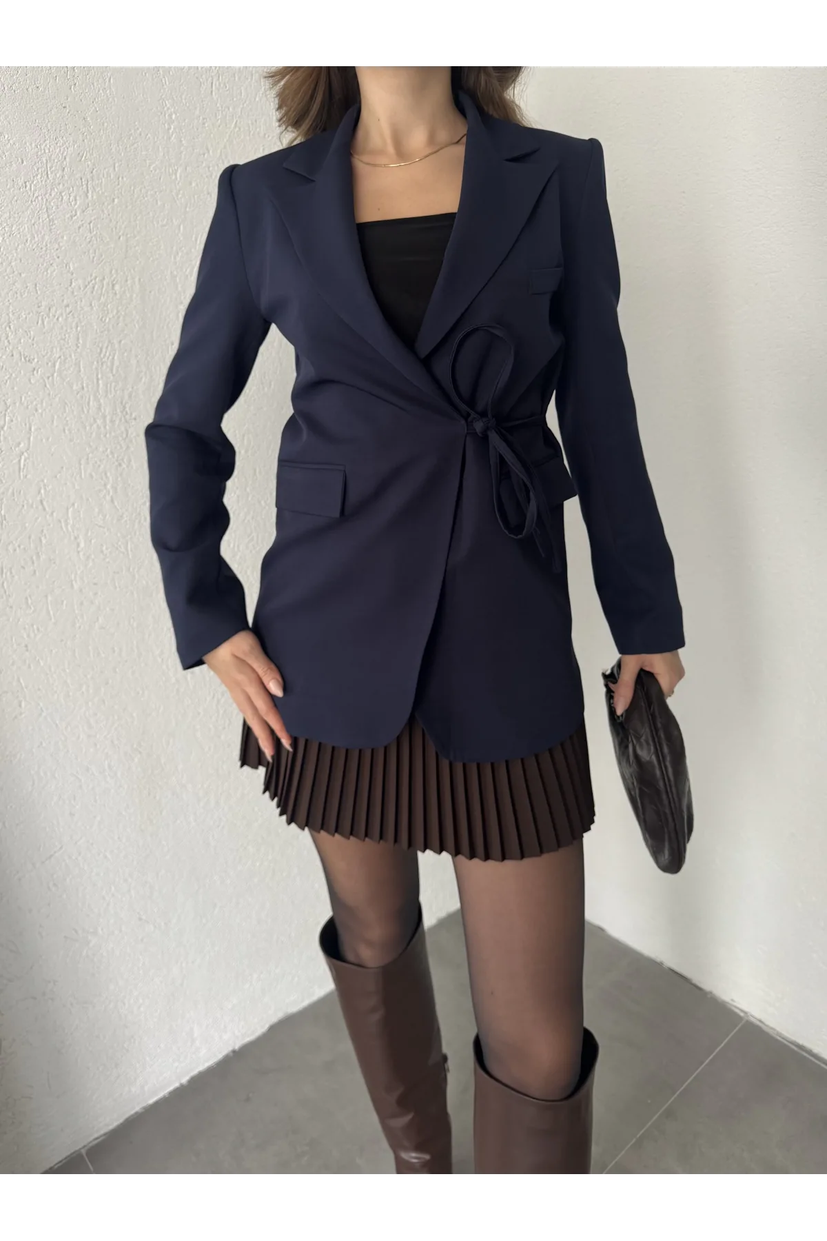 Lacivert Yandan Bağlamalı Astarlı Günlük Ceket