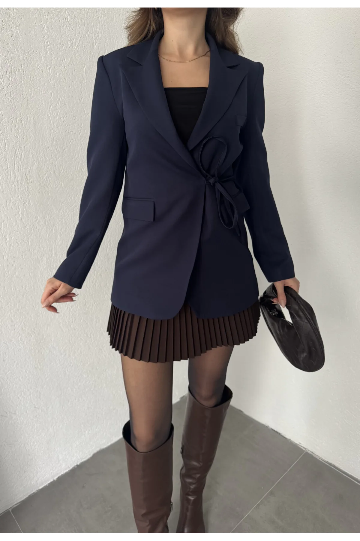 Lacivert Yandan Bağlamalı Astarlı Günlük Ceket