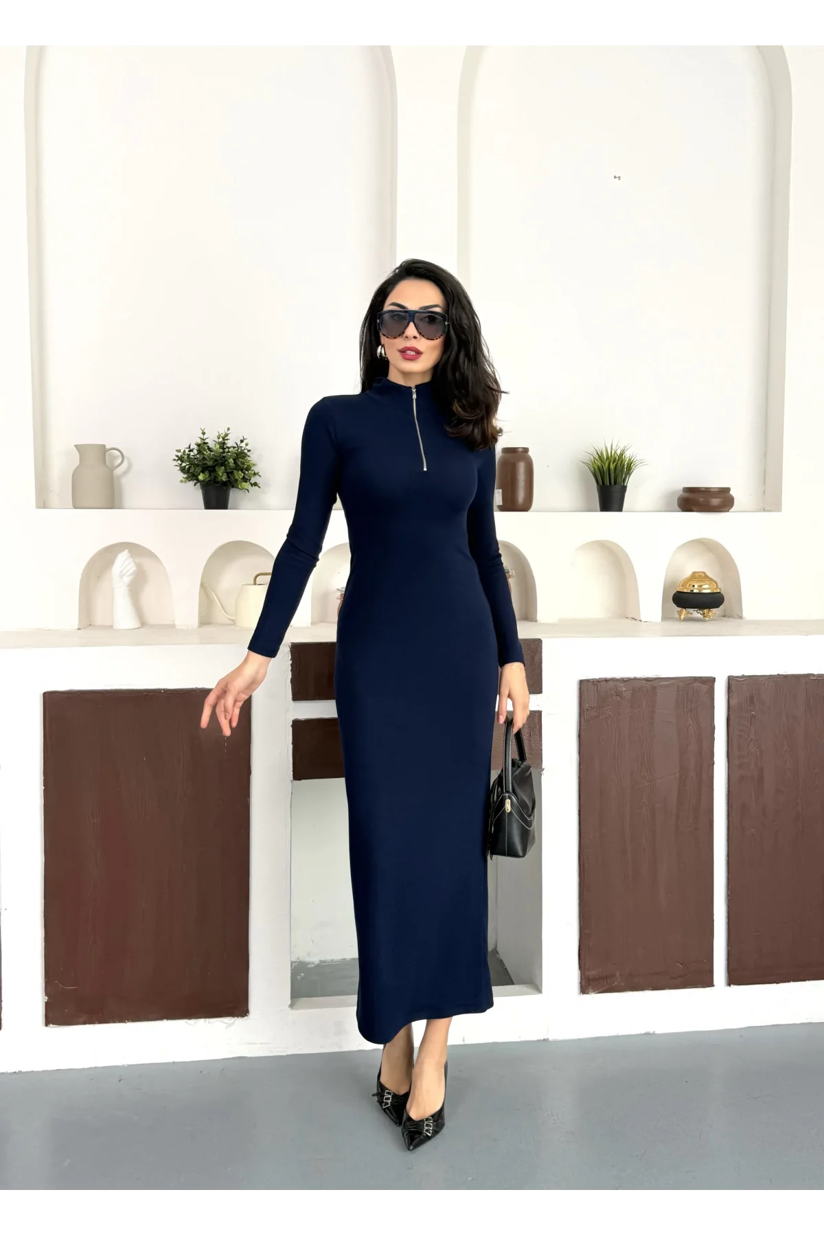 Lacivert Yarım Fermuarlı Fitilli Tam Boy Uzun Kollu Midi Elbise