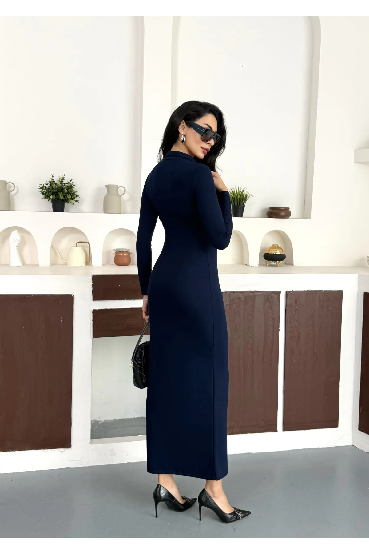 Lacivert Yarım Fermuarlı Fitilli Tam Boy Uzun Kollu Midi Elbise