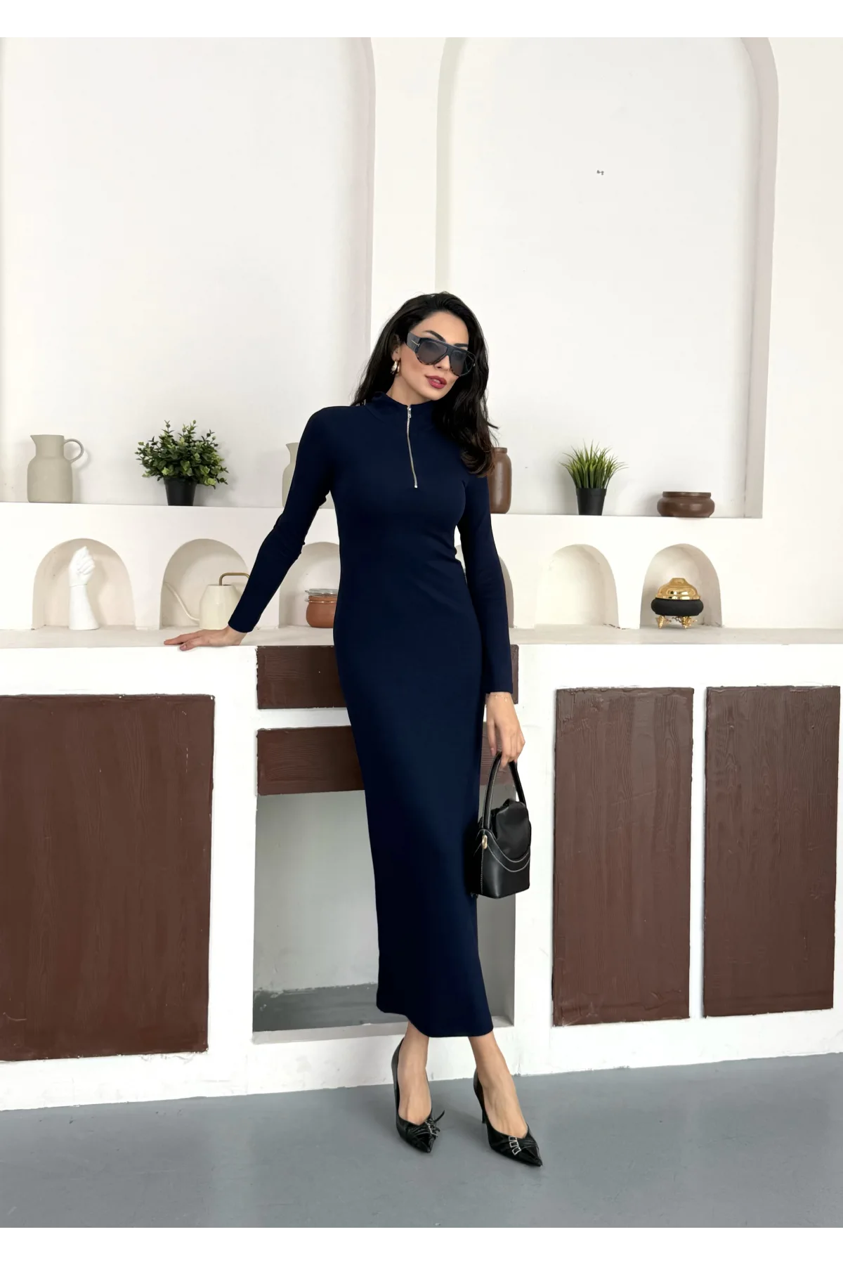 Lacivert Yarım Fermuarlı Fitilli Tam Boy Uzun Kollu Midi Elbise