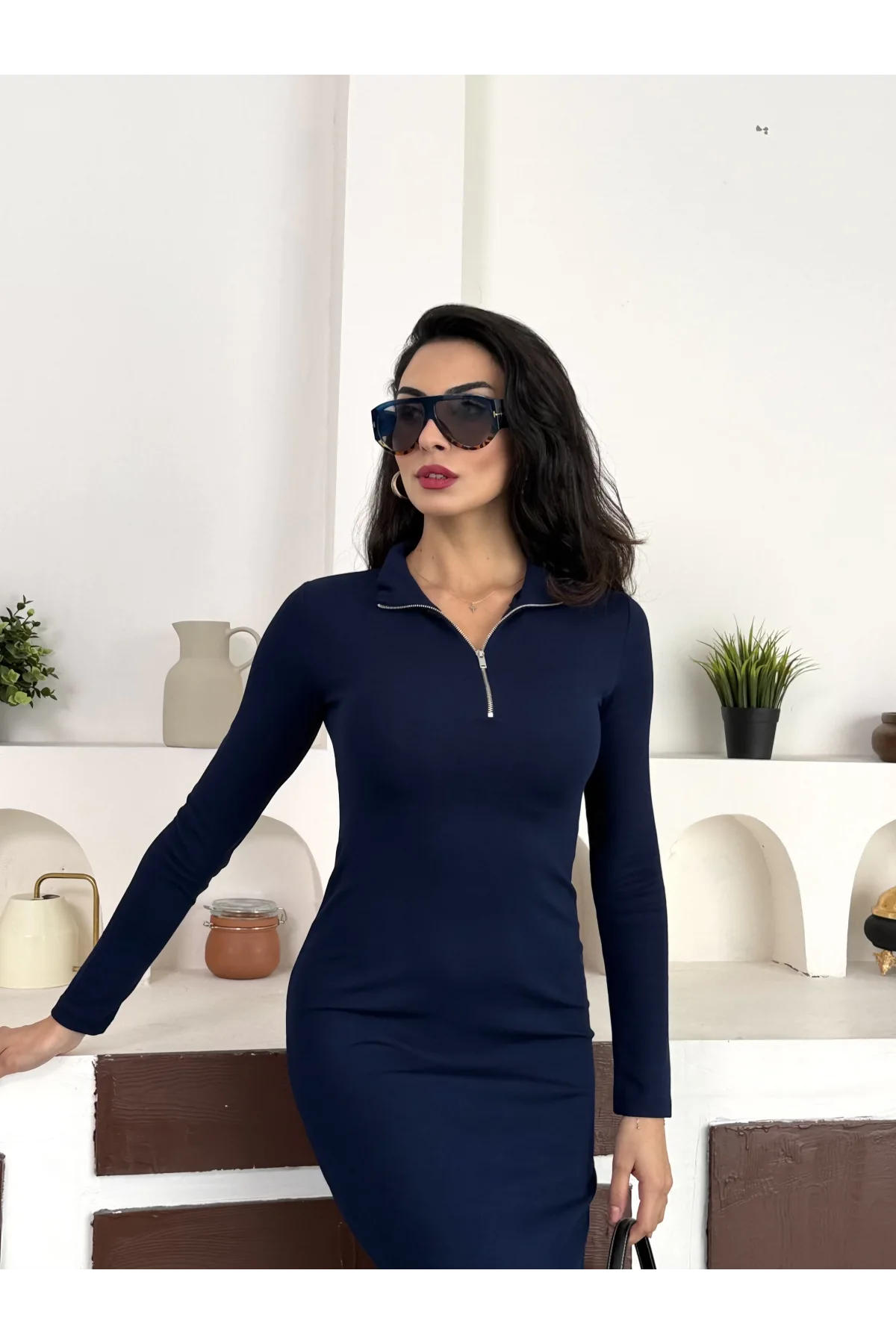 Lacivert Yarım Fermuarlı Fitilli Tam Boy Uzun Kollu Midi Elbise