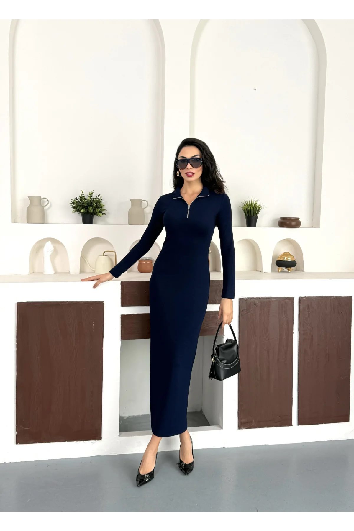 Lacivert Yarım Fermuarlı Fitilli Tam Boy Uzun Kollu Midi Elbise