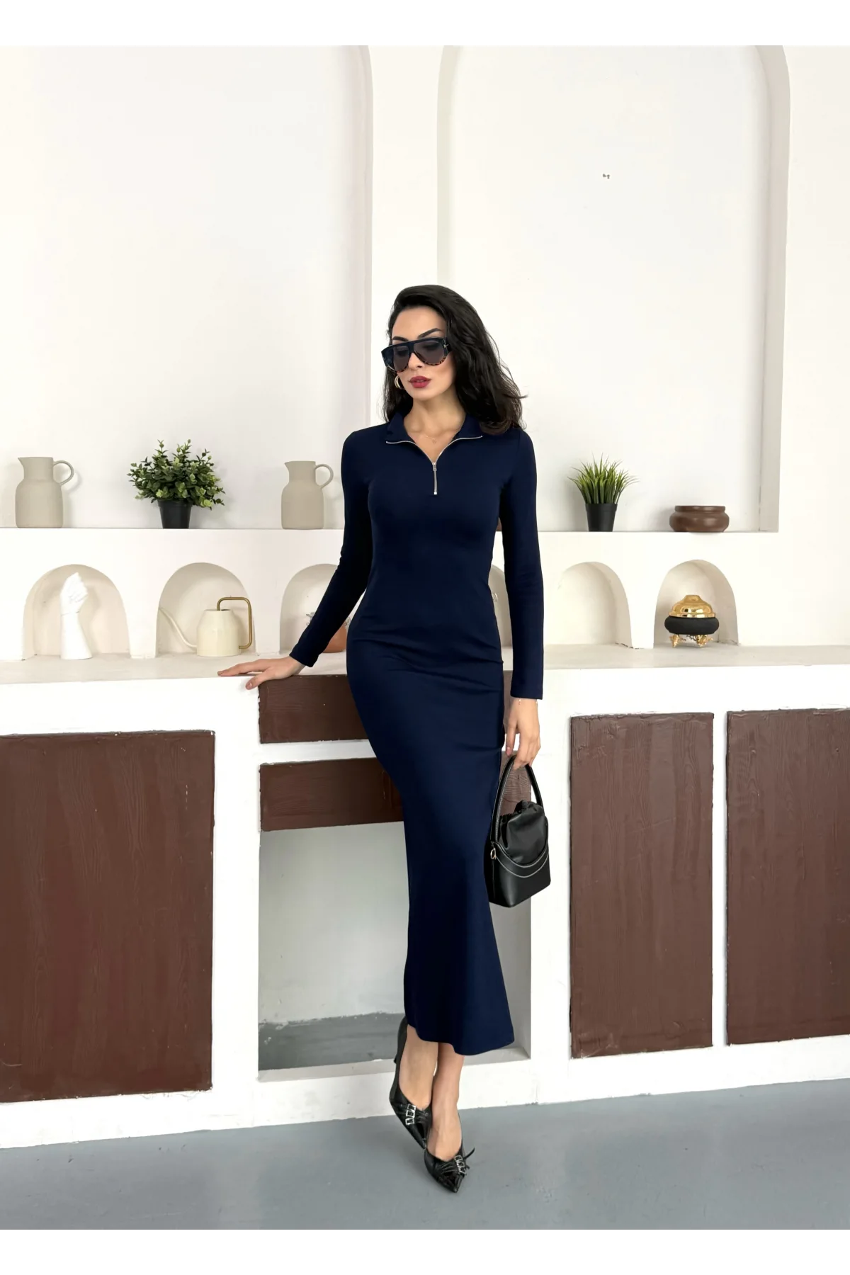 Lacivert Yarım Fermuarlı Fitilli Tam Boy Uzun Kollu Midi Elbise