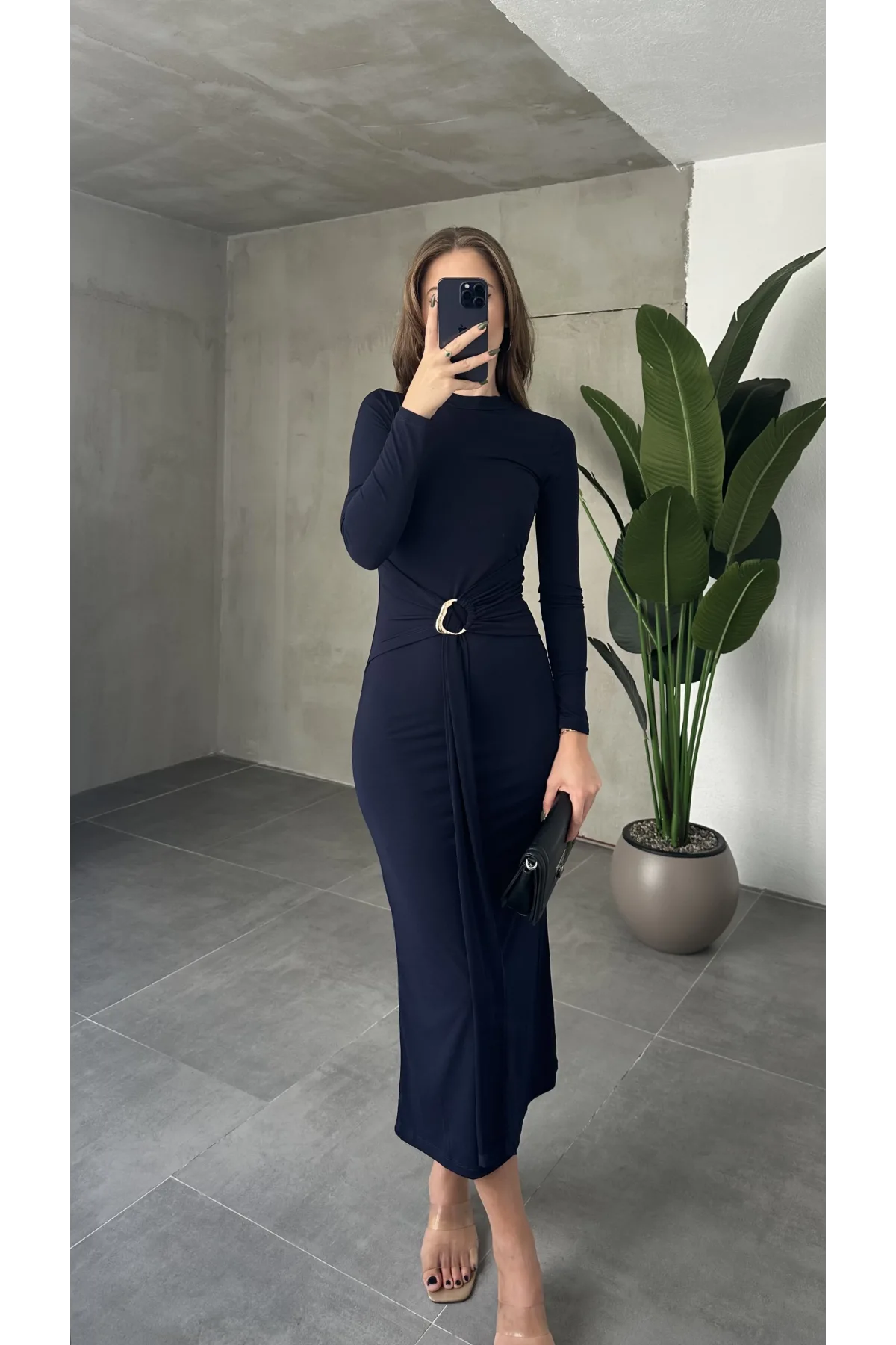 Lacivert Zr Model Bisiklet Yaka Aksesuarlı Kuşaklı Midi Boy Candy Elbise