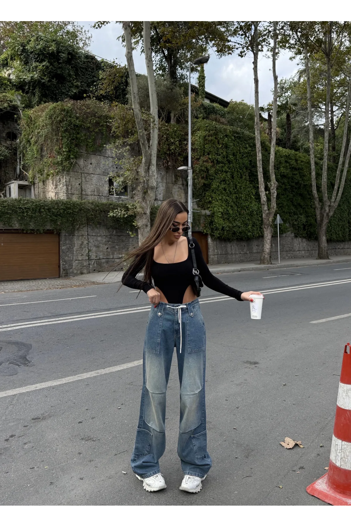 Mavi Çok Cepli Retro İpli Yıkamalı Baggy Geniş Paça Yüksek Bel Oturtmalı Jean Kot Pantolon