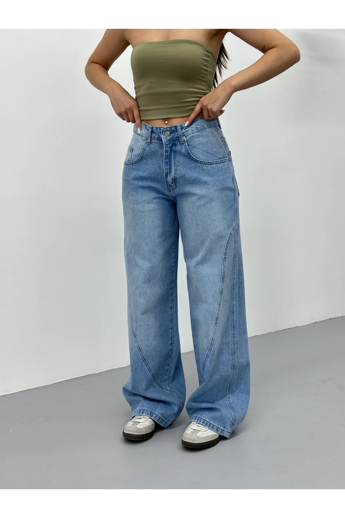 Mavi Dikiş Detaylı Yıkamalı Baggy Geniş Paça Yüksek Bel Oturtmalı Jean Kot Pantolon