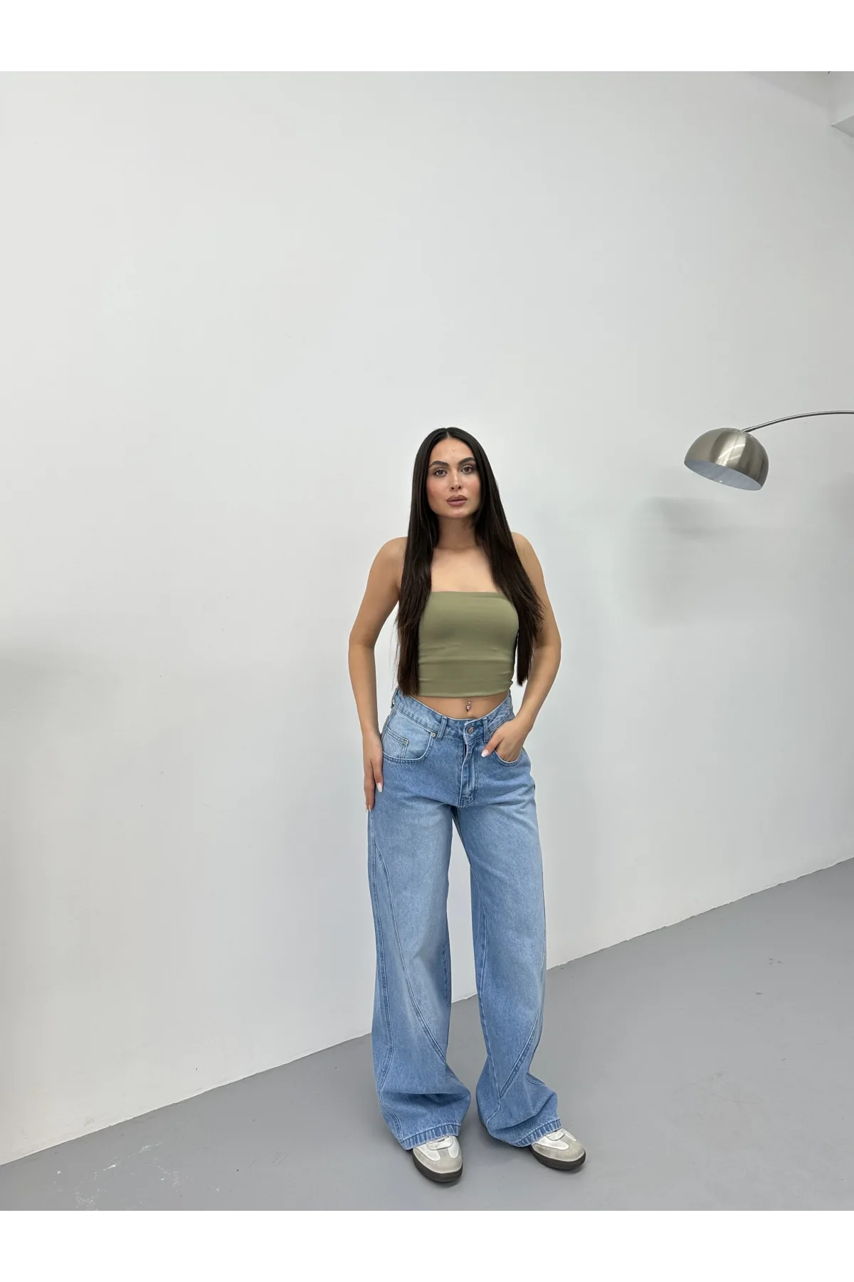 Mavi Dikiş Detaylı Yıkamalı Baggy Geniş Paça Yüksek Bel Oturtmalı Jean Kot Pantolon