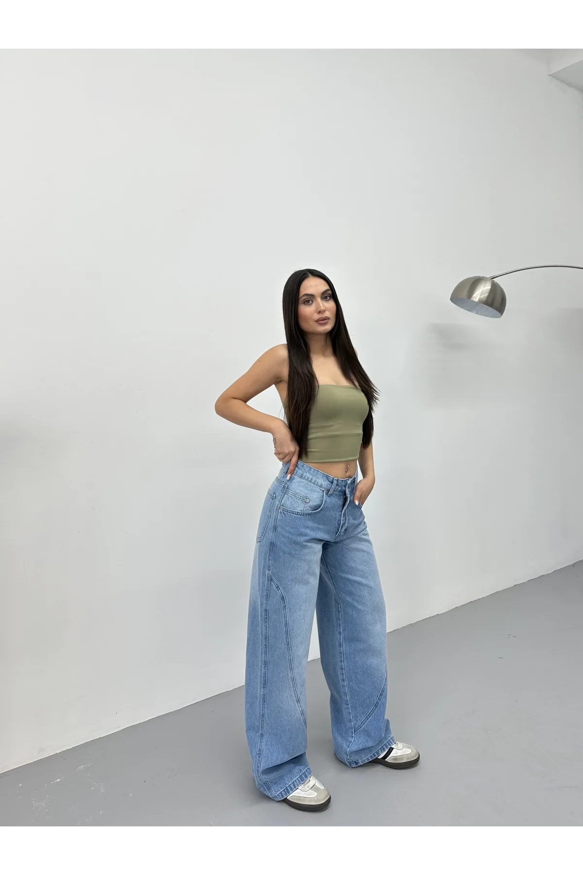 Mavi Dikiş Detaylı Yıkamalı Baggy Geniş Paça Yüksek Bel Oturtmalı Jean Kot Pantolon