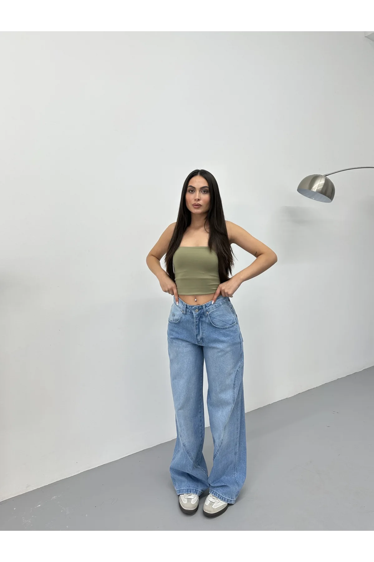 Mavi Dikiş Detaylı Yıkamalı Baggy Geniş Paça Yüksek Bel Oturtmalı Jean Kot Pantolon