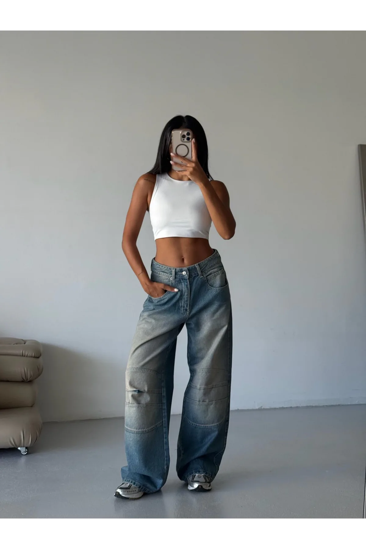 Mavi Dizi Dikiş Detaylı Retro Yeşil Yıkamalı Baggy Geniş Paça Yüksek Bel Oturtmalı Jean Kot Pantolon