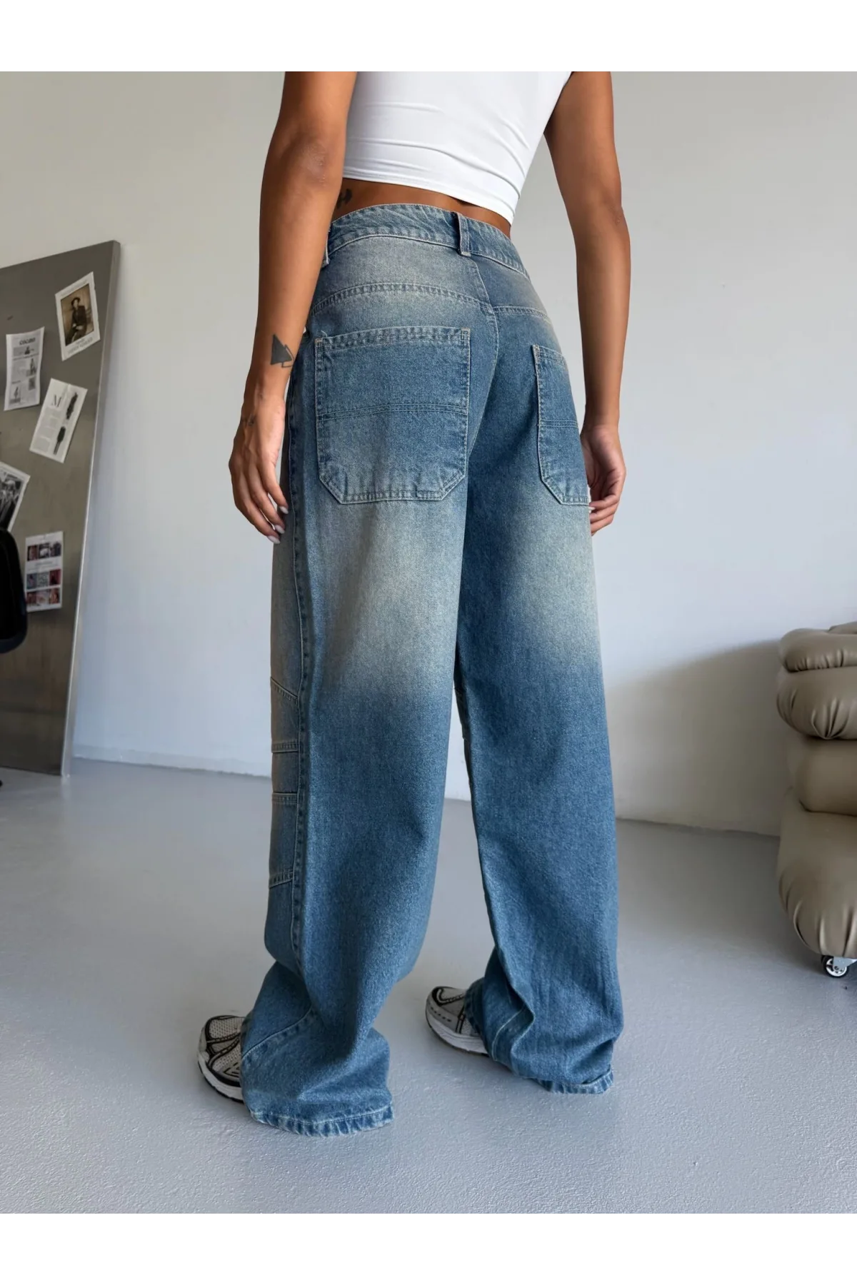 Mavi Dizi Dikiş Detaylı Retro Yeşil Yıkamalı Baggy Geniş Paça Yüksek Bel Oturtmalı Jean Kot Pantolon