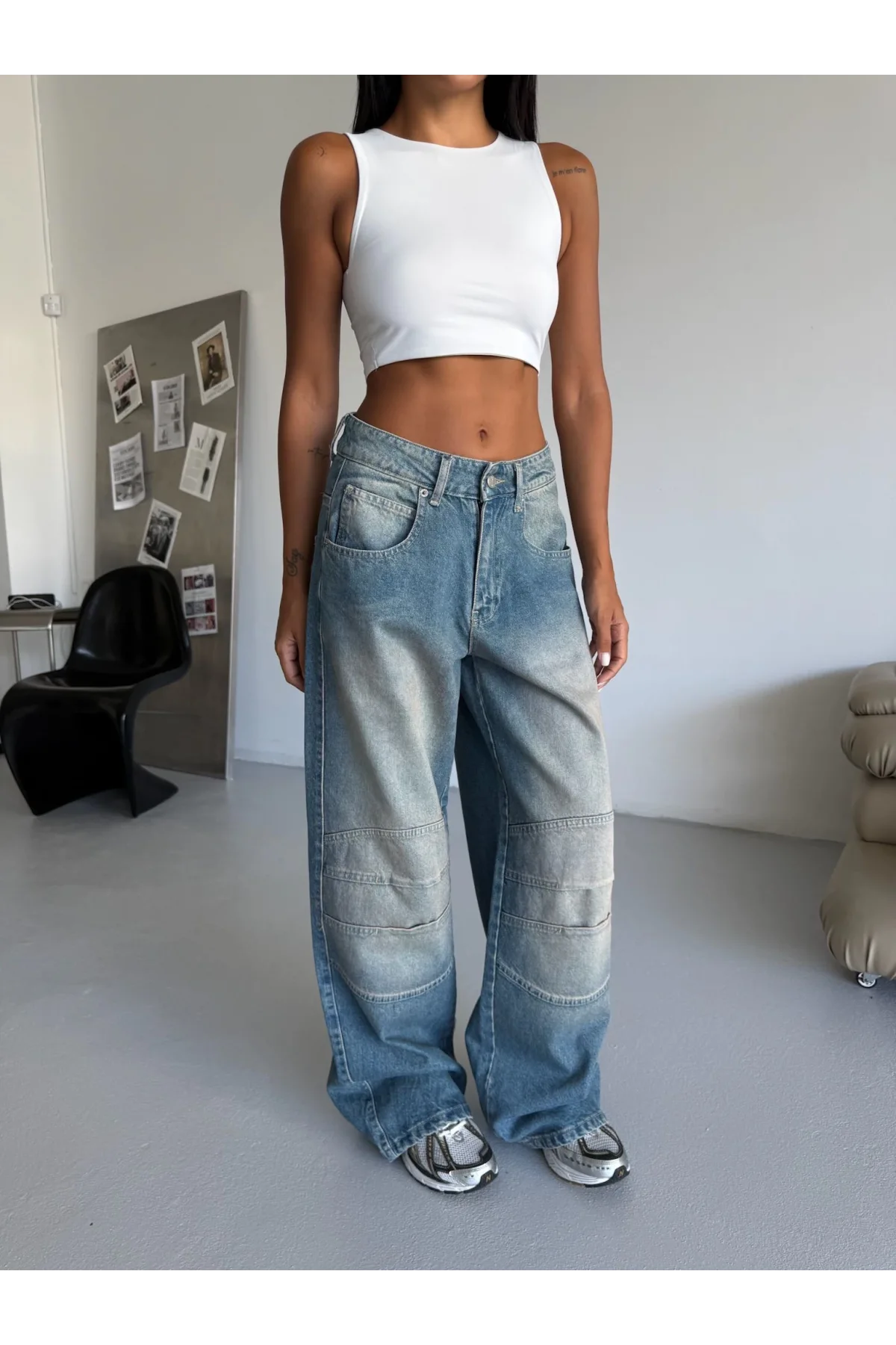 Mavi Dizi Dikiş Detaylı Retro Yeşil Yıkamalı Baggy Geniş Paça Yüksek Bel Oturtmalı Jean Kot Pantolon