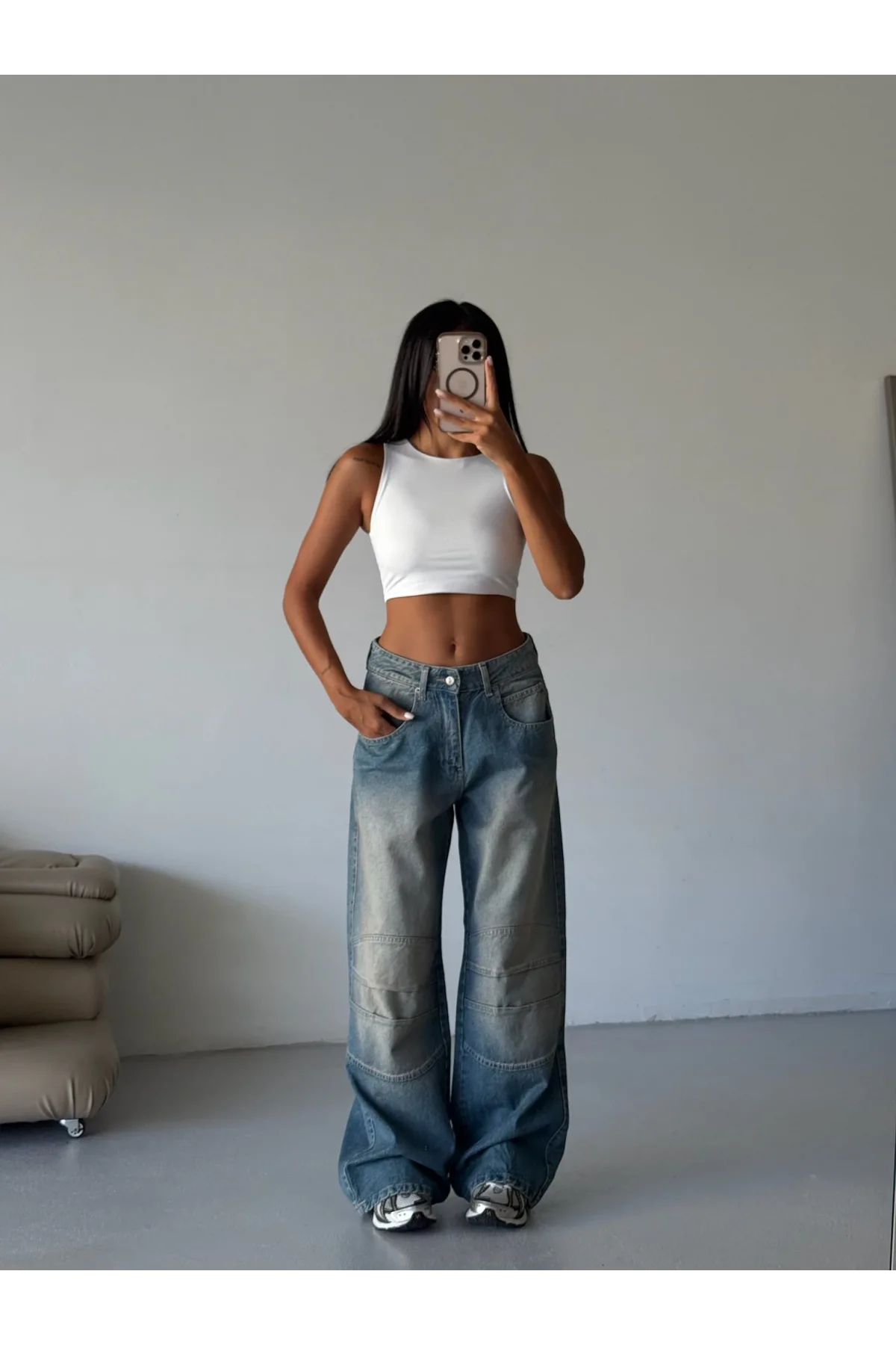 Mavi Dizi Dikiş Detaylı Retro Yeşil Yıkamalı Baggy Geniş Paça Yüksek Bel Oturtmalı Jean Kot Pantolon