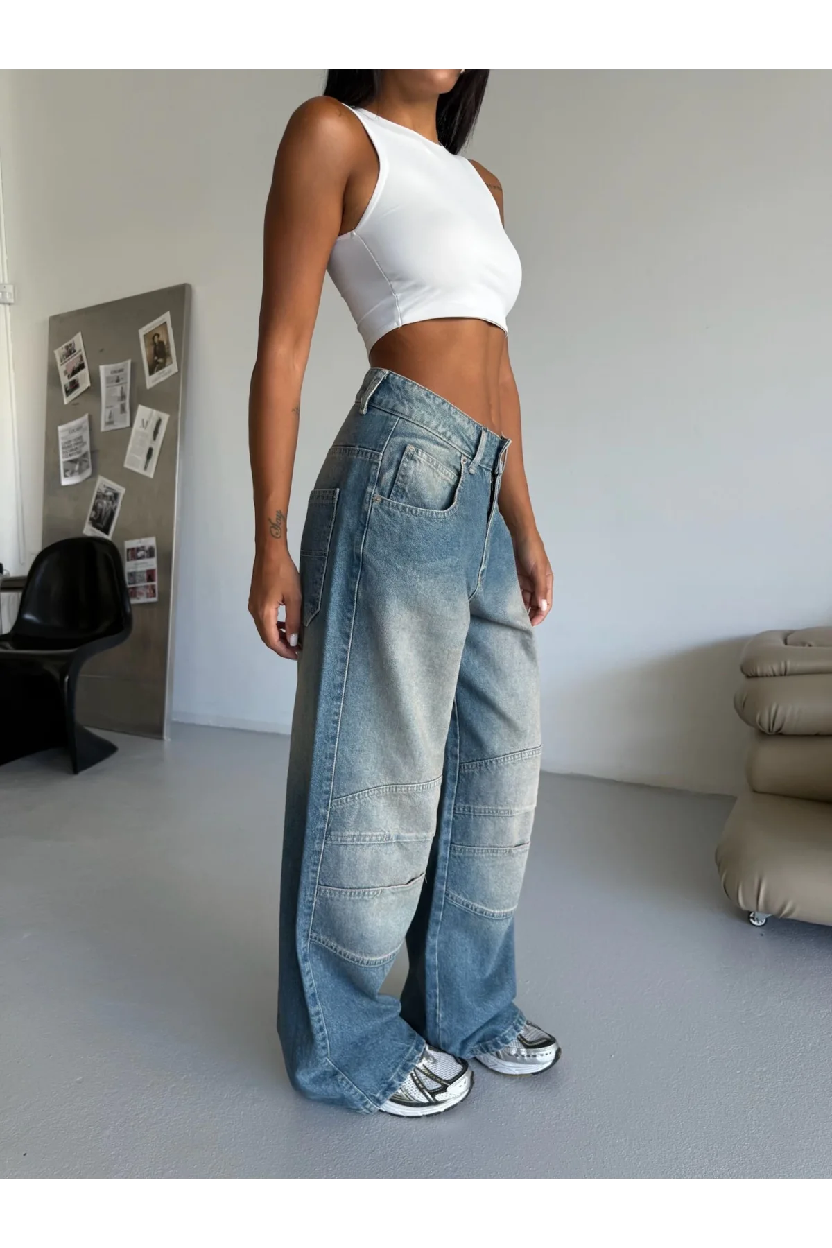 Mavi Dizi Dikiş Detaylı Retro Yeşil Yıkamalı Baggy Geniş Paça Yüksek Bel Oturtmalı Jean Kot Pantolon