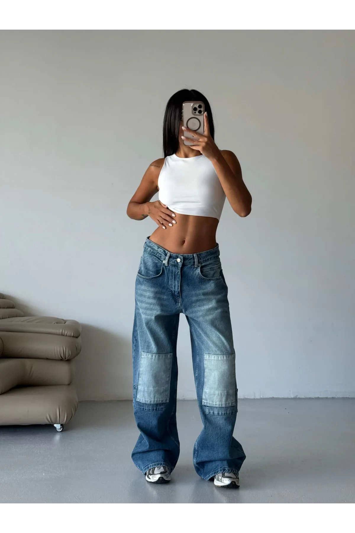 Mavi Dizi Yamalı Retro Yıkamalı Baggy Geniş Paça Yüksek Bel Oturtmalı Jean Kot Pantolon