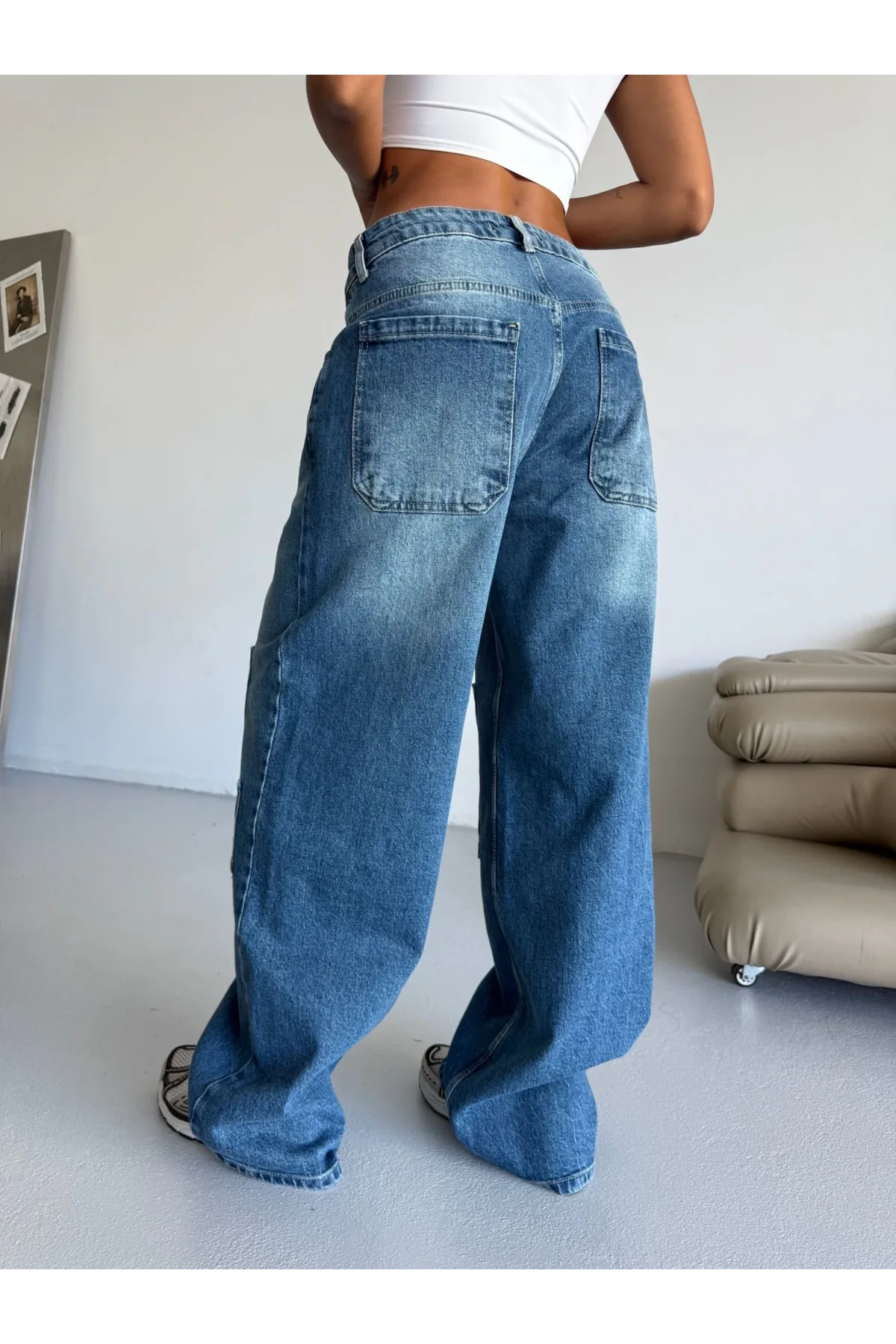 Mavi Dizi Yamalı Retro Yıkamalı Baggy Geniş Paça Yüksek Bel Oturtmalı Jean Kot Pantolon