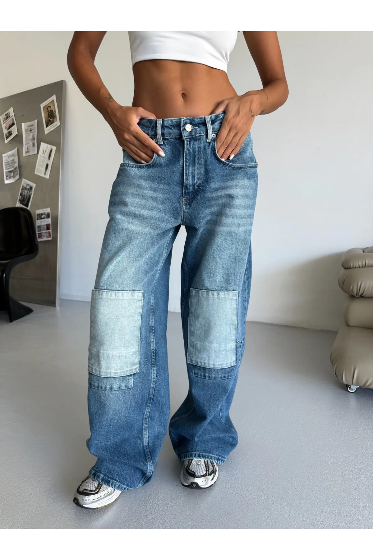 Mavi Dizi Yamalı Retro Yıkamalı Baggy Geniş Paça Yüksek Bel Oturtmalı Jean Kot Pantolon