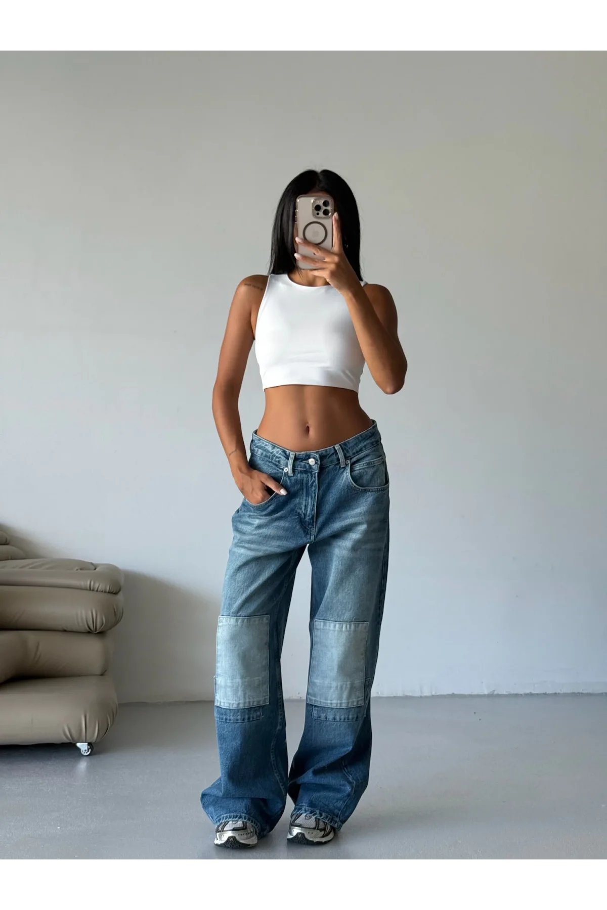 Mavi Dizi Yamalı Retro Yıkamalı Baggy Geniş Paça Yüksek Bel Oturtmalı Jean Kot Pantolon