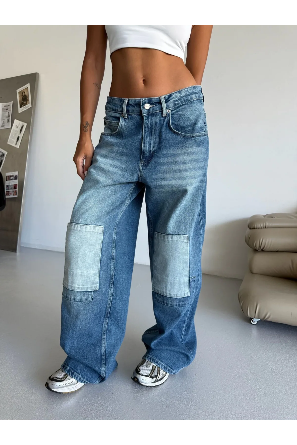 Mavi Dizi Yamalı Retro Yıkamalı Baggy Geniş Paça Yüksek Bel Oturtmalı Jean Kot Pantolon