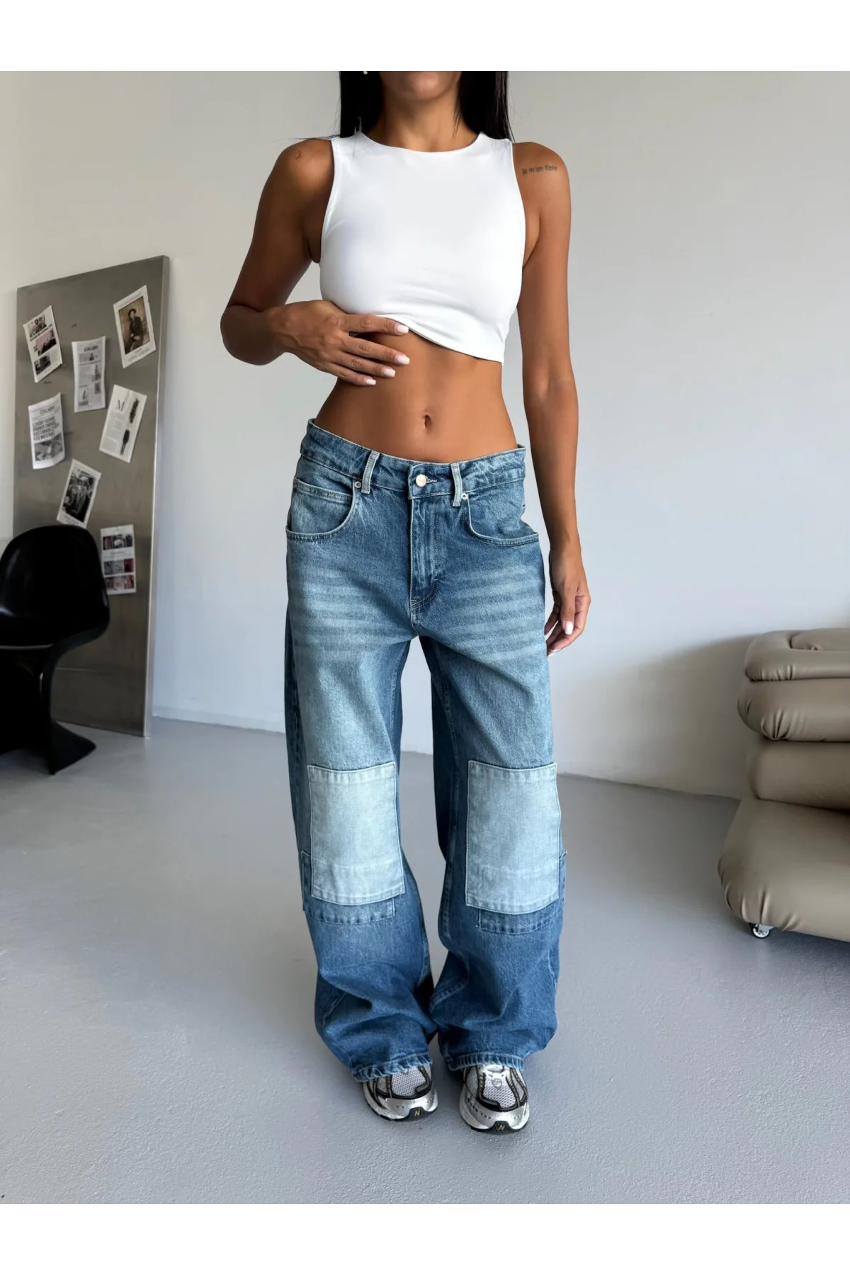 Mavi Dizi Yamalı Retro Yıkamalı Baggy Geniş Paça Yüksek Bel Oturtmalı Jean Kot Pantolon