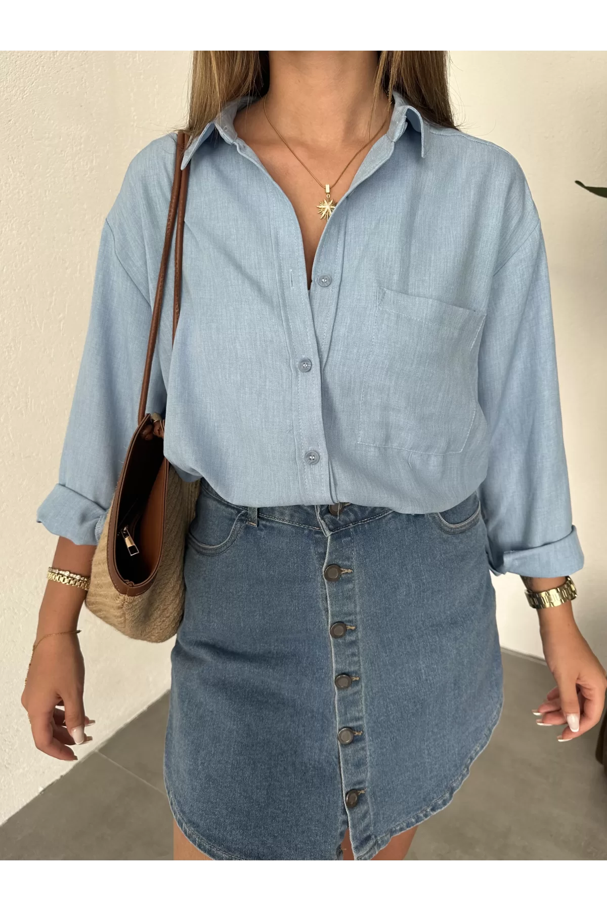 Mavi Oversize Salaş Basic Keten Gömlek