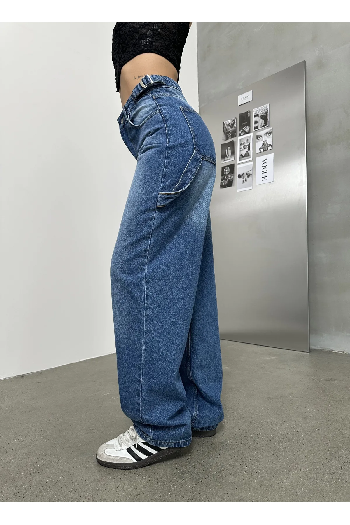 Mavi Palaska Tokalı Yıkamalı Baggy Geniş Paça Yüksek Bel Oturtmalı Jean Kot Pantolon