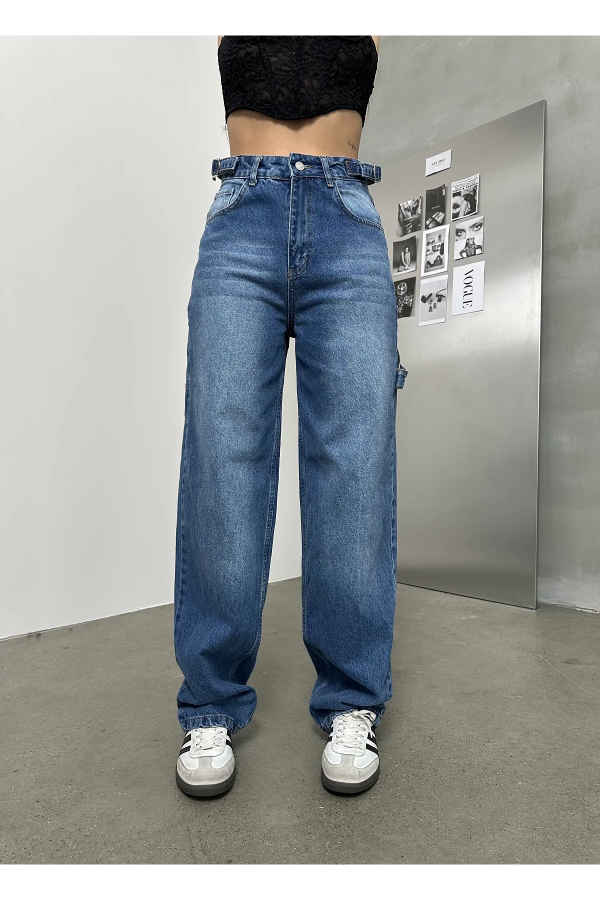 Mavi Palaska Tokalı Yıkamalı Baggy Geniş Paça Yüksek Bel Oturtmalı Jean Kot Pantolon