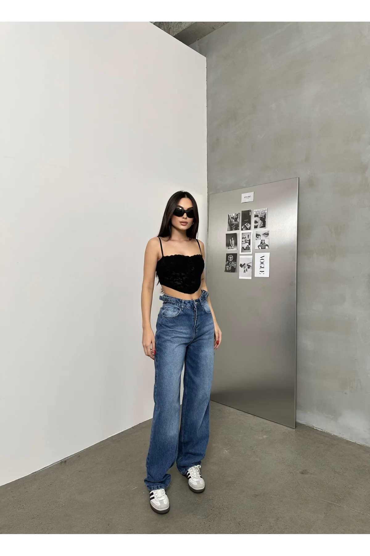 Mavi Palaska Tokalı Yıkamalı Baggy Geniş Paça Yüksek Bel Oturtmalı Jean Kot Pantolon